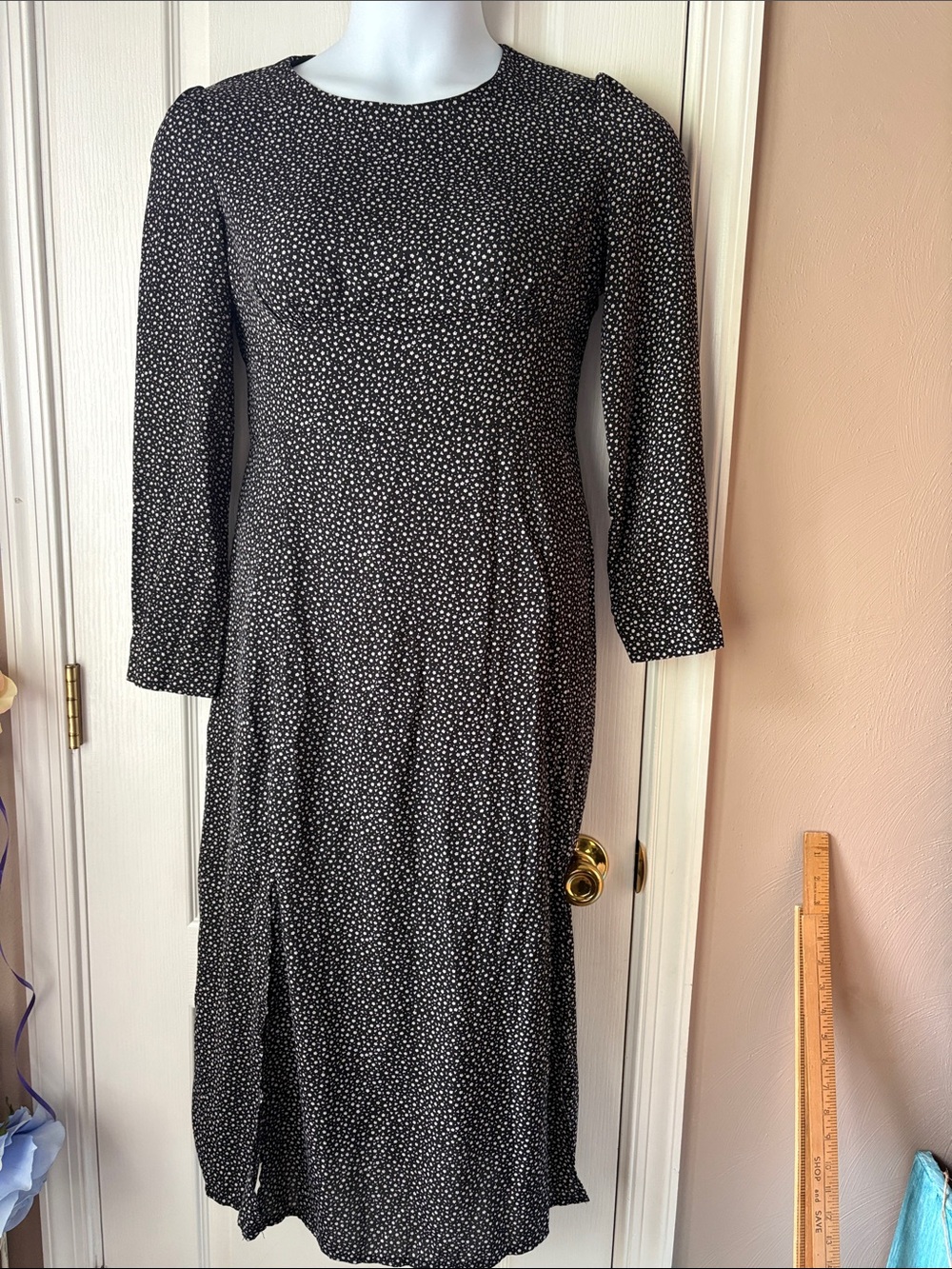 Nasty Gal Black with White delicate floral Long Sleeve Midi Dress